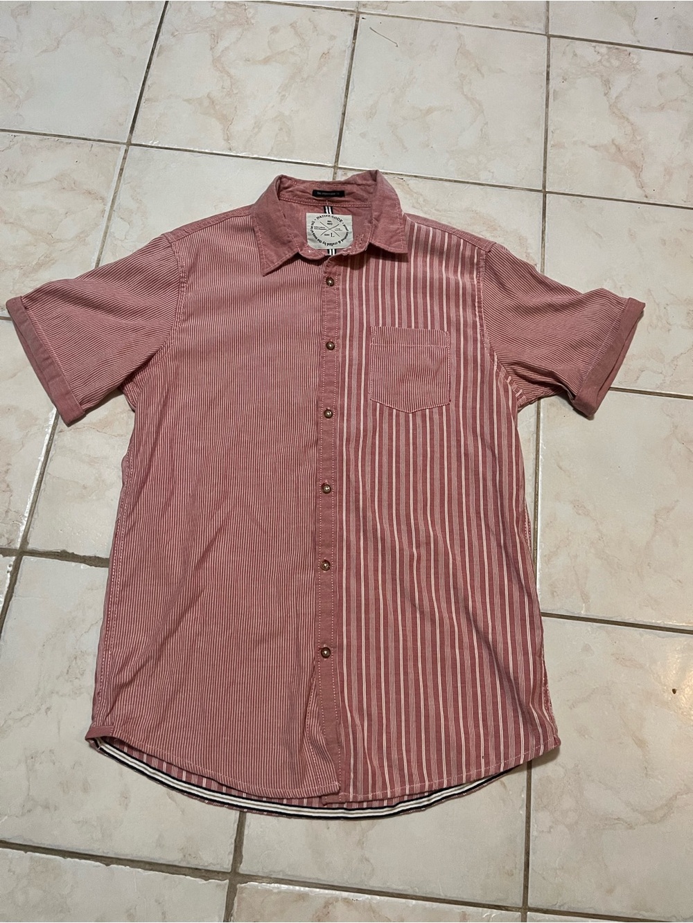 Native Code Mens Large red Striped Button Up Shirt Short Sleeve Casual Cotton Bl